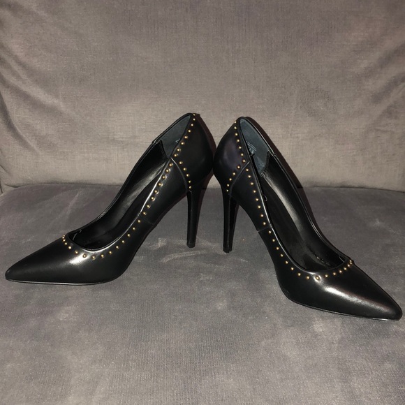 Aldo Black Leather Heels w/ Gold Studs - Picture 3 of 6
